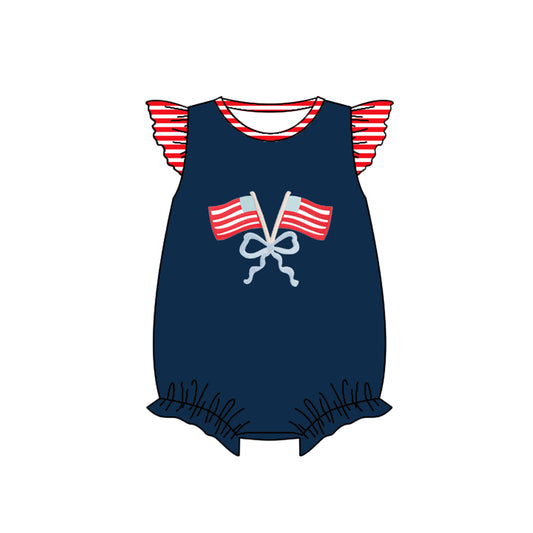 Baby Girls Flutter Sleeve Bows Flags 4th of July Ruffle Rompers Preorder