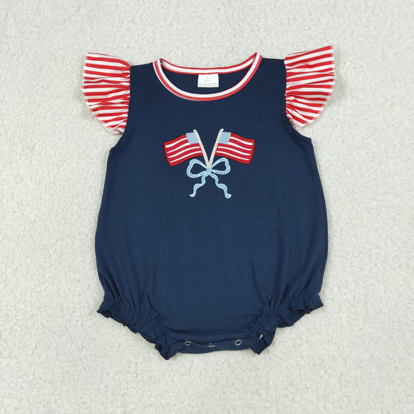 USA Shop Baby Girls Flutter Sleeve Embroidery Bow Flags 4th of July Ruffle Rompers