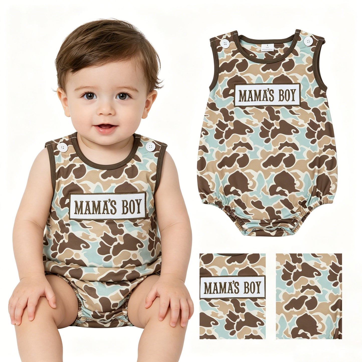 Embroidery Mama's Boy Sleeveless Southern Khaki Camo Rompers