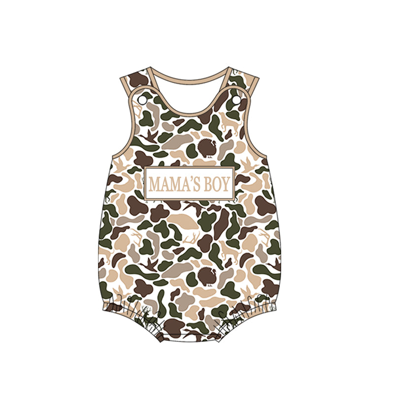 Baby Boys Sleeveless Southern Hunting Dark Dogs Camo Mama's Boy Rompers Preorder