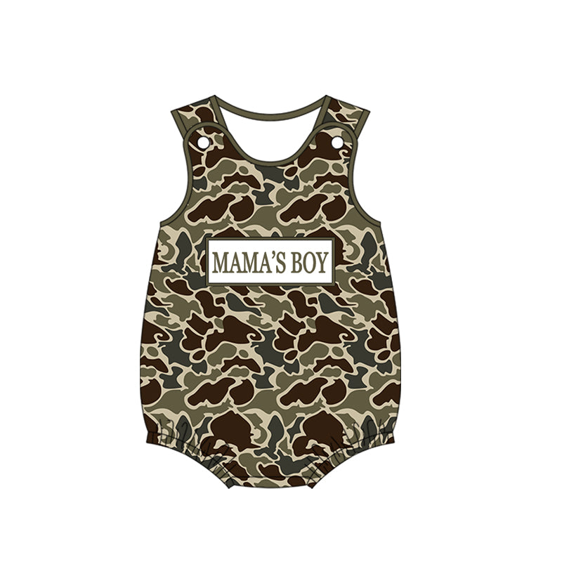 Baby Boys Sleeveless Southern Dark Khaki Camo Mama's Boy Rompers Preorder