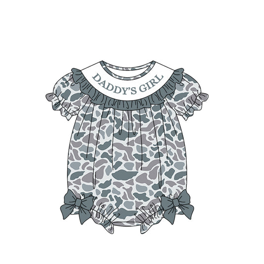 Baby Girls Short Sleeve Southern Light Grey Camo Daddy's Girl Bows Ruffle Rompers Preorder
