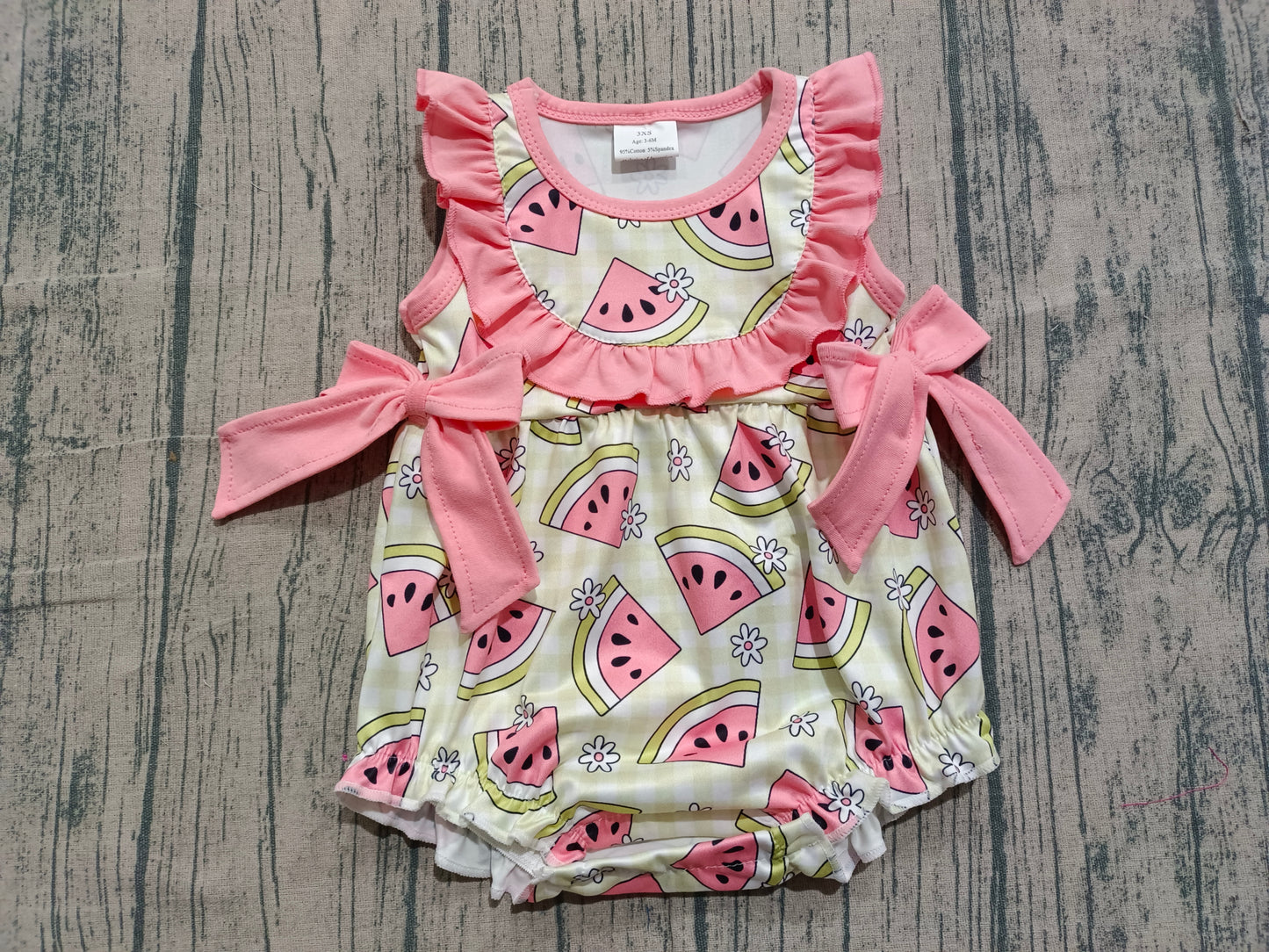 Baby Girls Sleeveless Green Checked Watermelons Ruffle Rompers