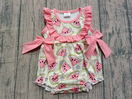 Baby Girls Sleeveless Green Checked Watermelons Ruffle Rompers