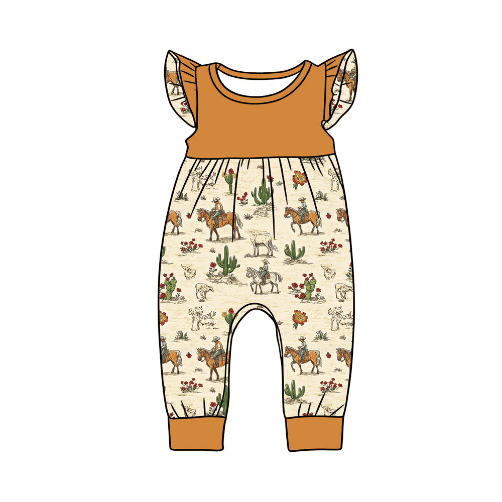 Baby Girls Flutter Sleeve Cactus Horse Rodeos Western Rompers Preorder