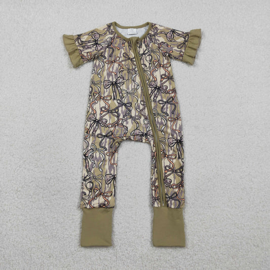 Baby Girls Southern Olive Camo Bows Two Way Zip Convertible Rompers