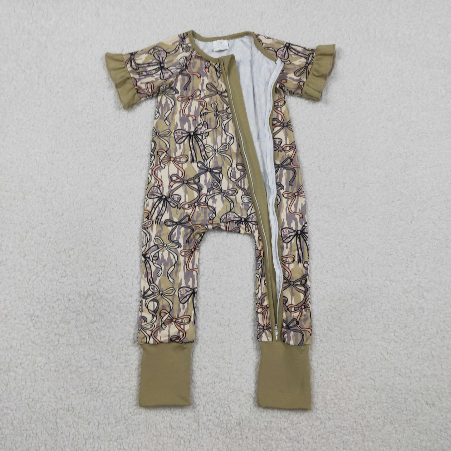 Baby Girls Southern Olive Camo Bows Two Way Zip Convertible Rompers