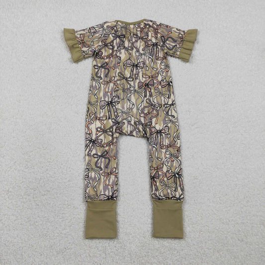 Baby Girls Southern Olive Camo Bows Two Way Zip Convertible Rompers
