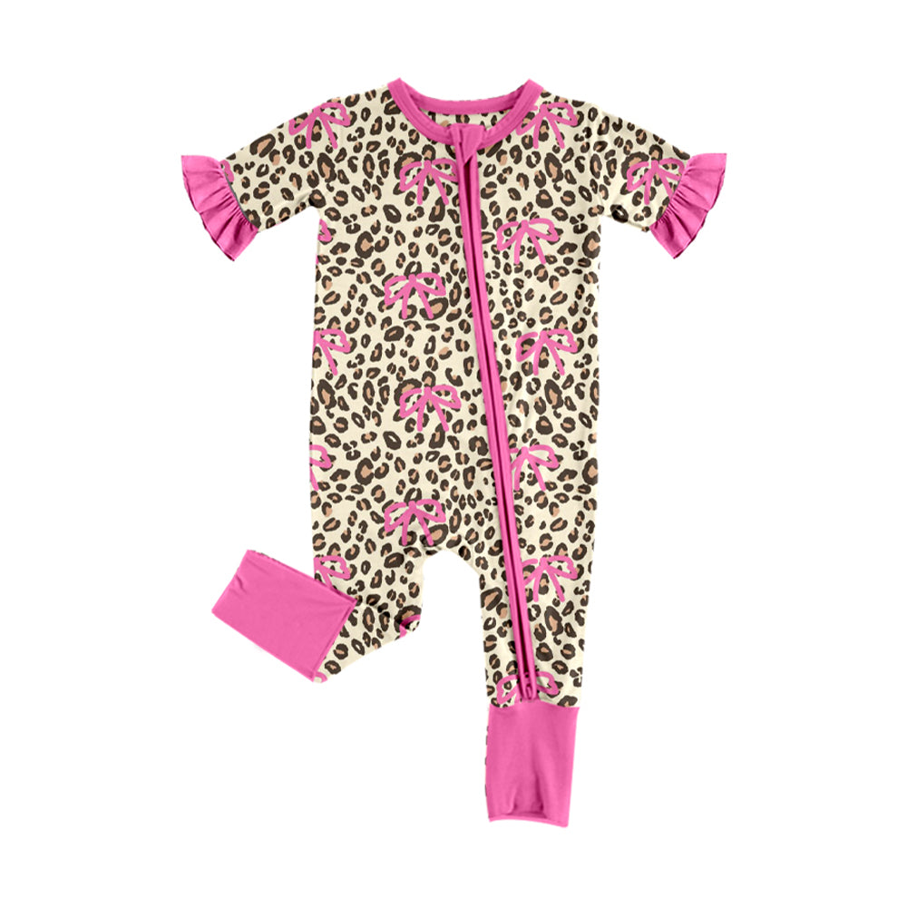 Baby Girls Pink Bows Leopard Two Way Zip Convertible Rompers Preorder