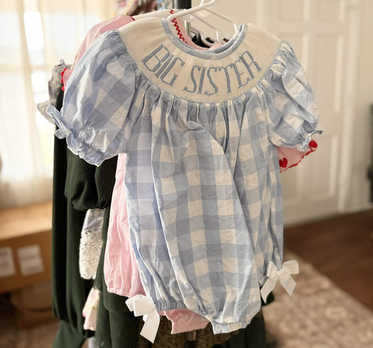 Baby Girls Short Sleeve Blue Checked Big Sister Ruffle Rompers Preorder