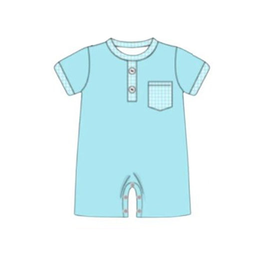 Baby Boys Blue Short Sleeve Button Checked Pocket Rompers Preorder