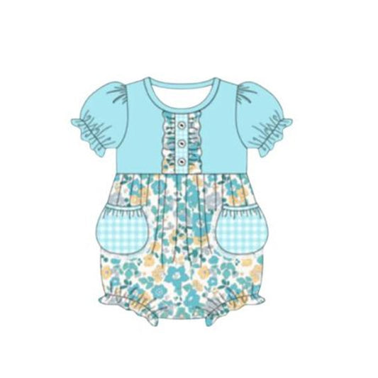 Baby Girls Blue Short Sleeve Button Pockets Flowers Ruffle Rompers Preorder