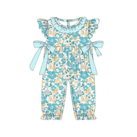 Baby Girls Flutter Sleeve Blue Flowers Collar Ruffle Pants Rompers Preorder