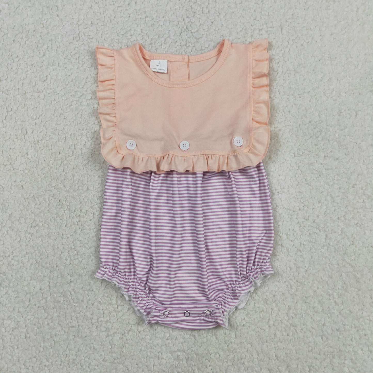 Baby Girls Sleeveless Lavender Stripe Back Button Two Pieces Ruffle Rompers