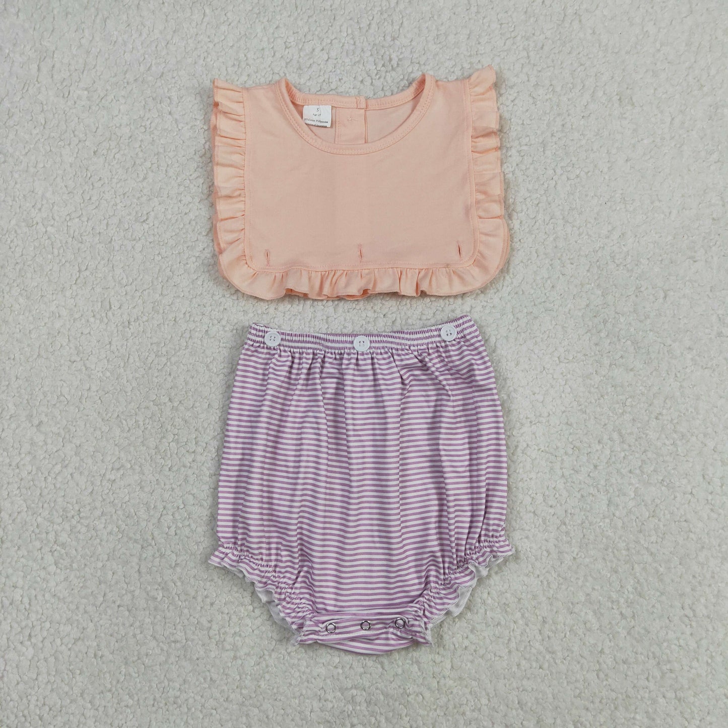 Baby Girls Sleeveless Lavender Stripe Back Button Two Pieces Ruffle Rompers