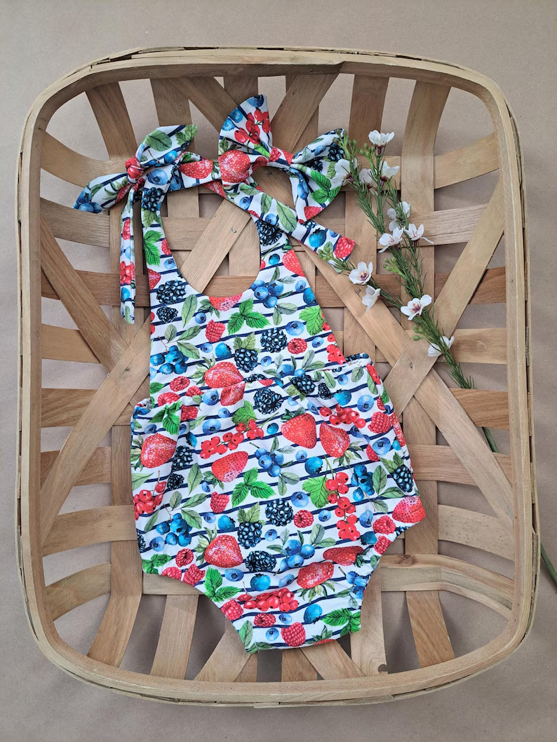 Baby Girls Strap Stripe Strawberry Blueberry Ruffle Rompers Preorder