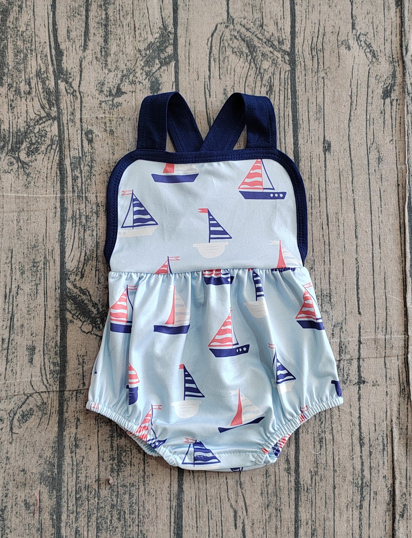 Baby Boys Blue Strap Boats Plaid Rompers