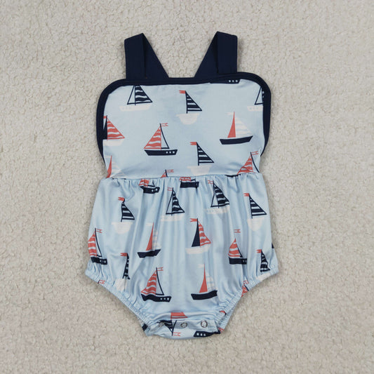 Baby Boys Blue Strap Boats Plaid Rompers