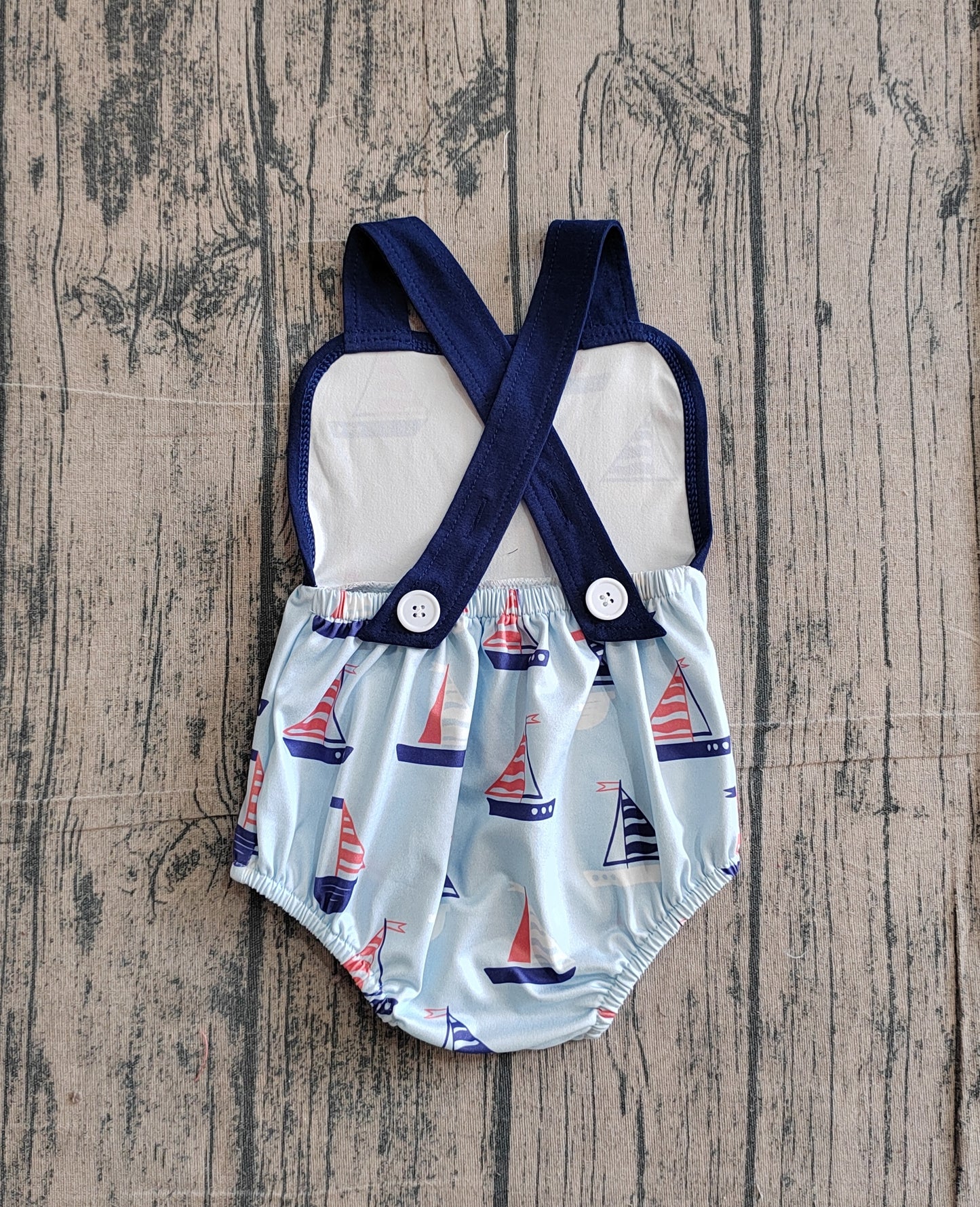 Baby Boys Blue Strap Boats Plaid Rompers