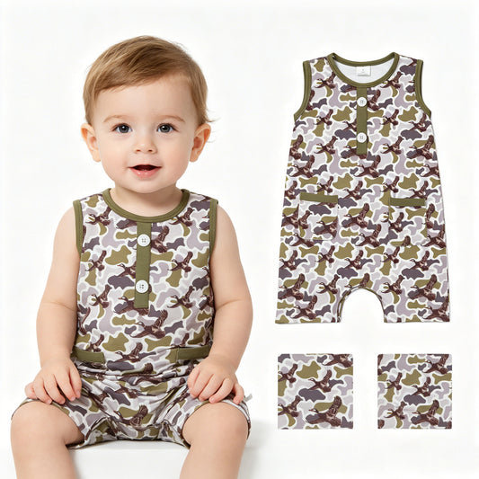 Baby Boys Southern Camo Ducks Button Pockets Hunting Rompers