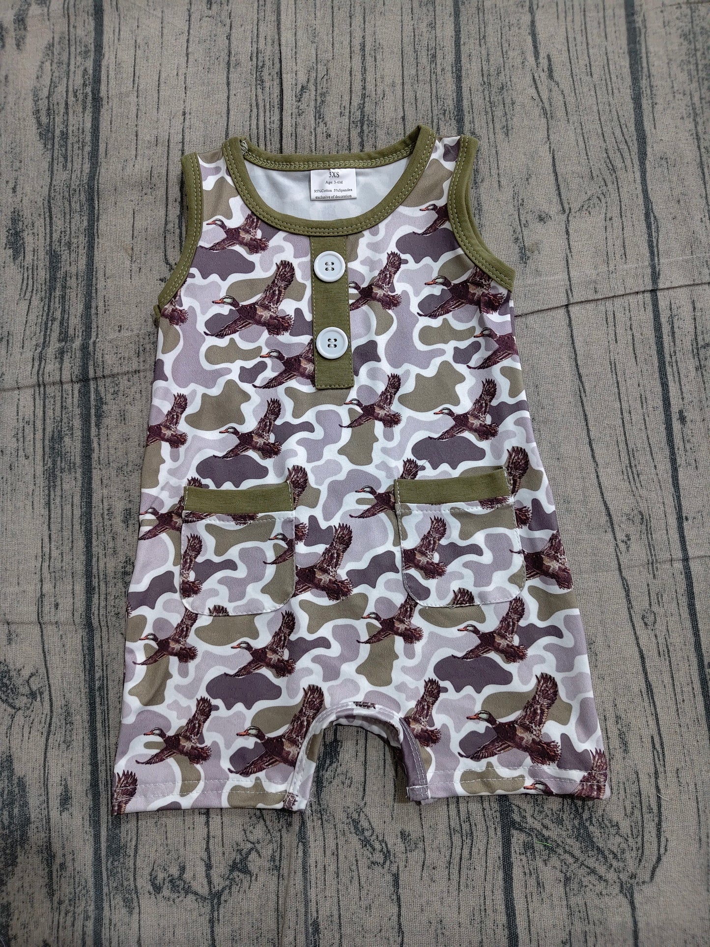Baby Boys Southern Camo Ducks Button Pockets Hunting Rompers