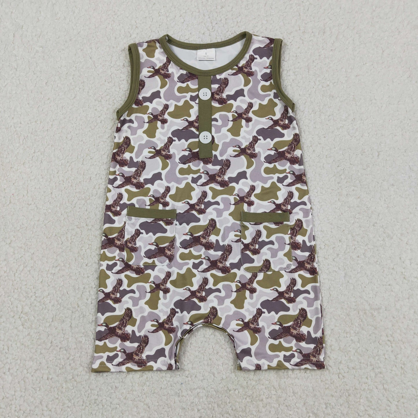 Sibling Baby Boys Green Camo Ducks Pocket Button Top Short Hunting Clothes Set Rompers
