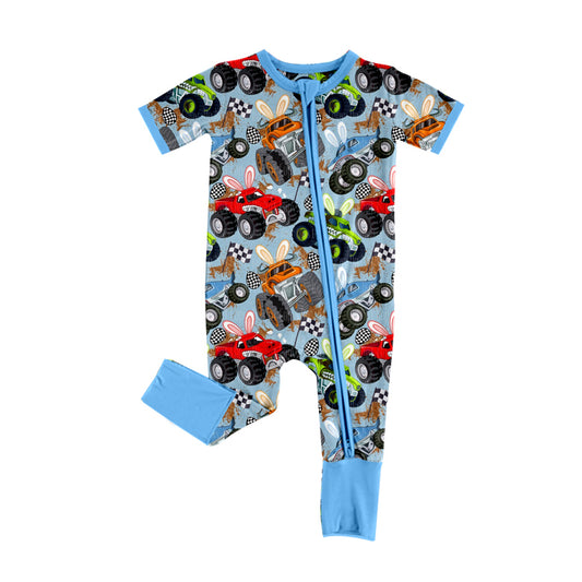 Baby Boys Bunny Motors Eggs Easter Two Way Zip Convertible Rompers Preorder