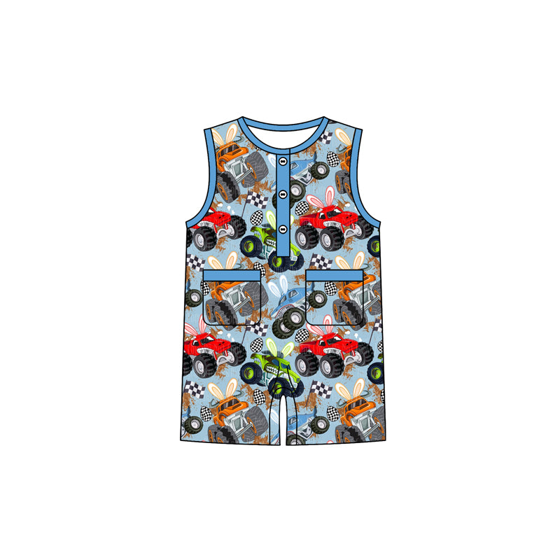 Baby Boys Bunny Motors Eggs Easter Button Pockets Rompers Preorder