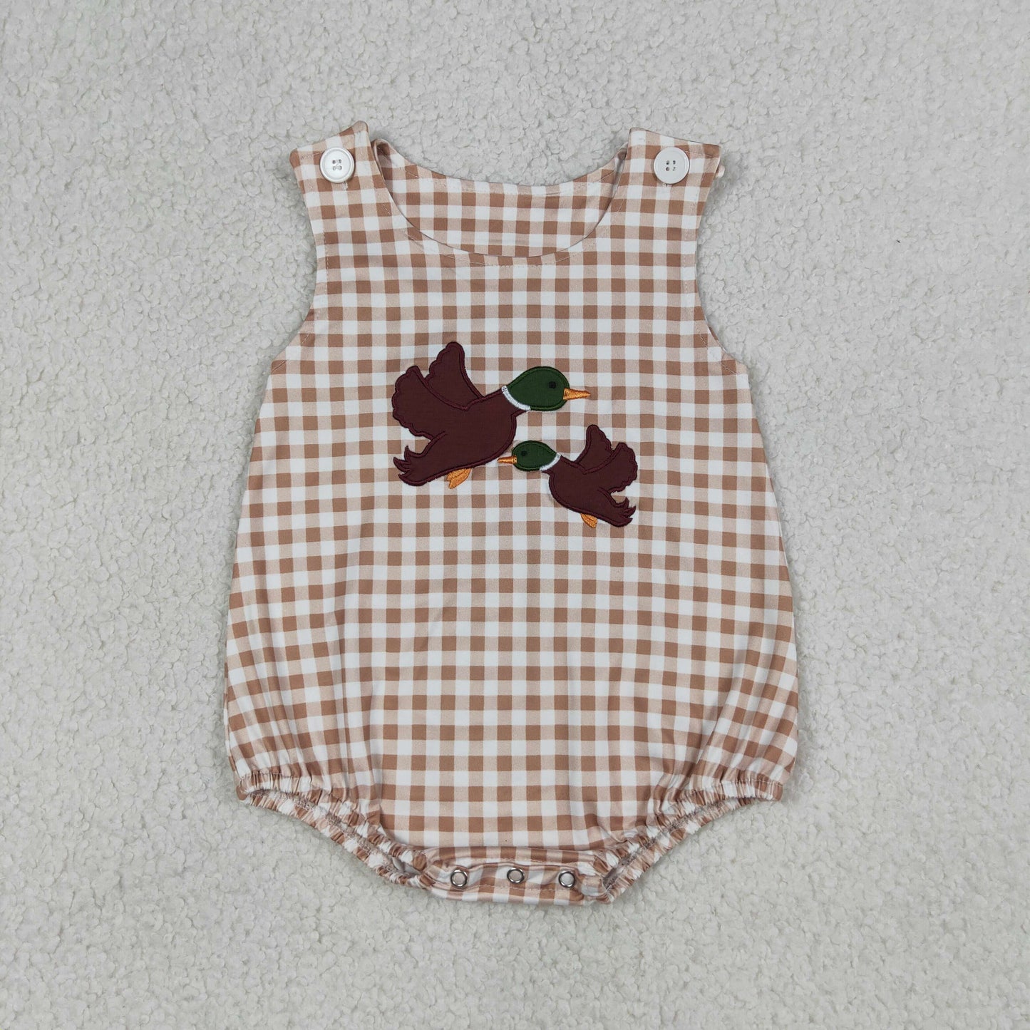 Embroidery Ducks Baby Boys Sleeveless Hunting Checked Rompers