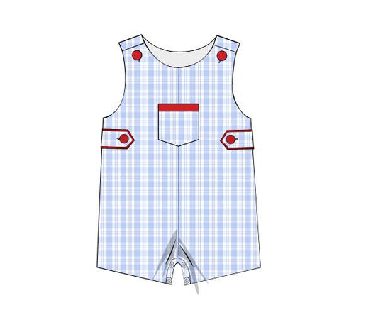 Baby Boys Sleeveless Blue Checked Pocket Button Rompers Preorder
