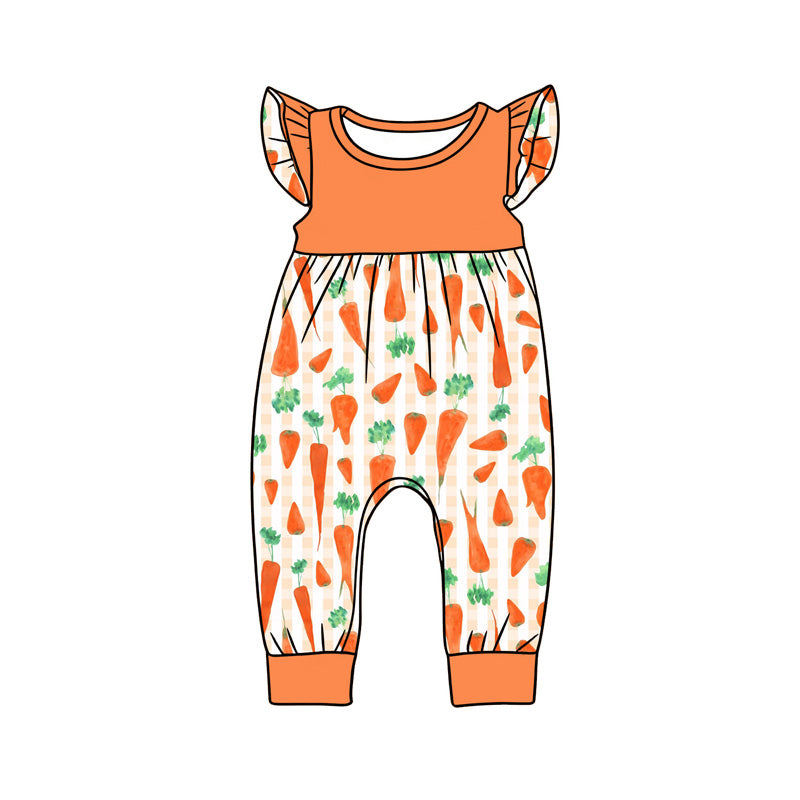 Baby Girls Flutter Sleeve Carrots Orange Checked Easter Rompers Preorder