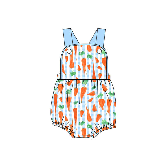 Baby Boys Strap Carrots Blue Checked Easter Rompers Preorder
