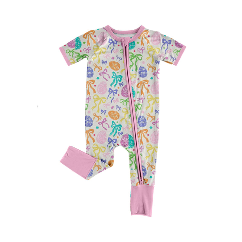 Baby Girls Colorful Bows Eggs Easter Two Way Zip Convertible Rompers Preorder