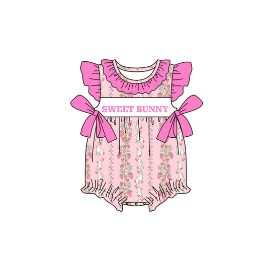 Baby Girls Sweet Bunny Strawberry Rabbits Stripe Easter Ruffle Rompers Preorder