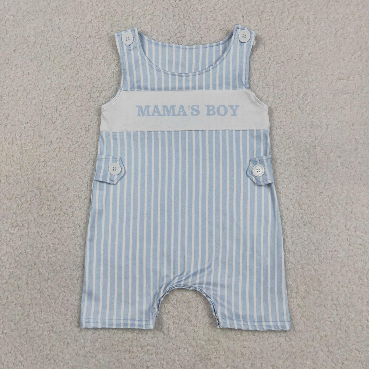 Baby Boys Sleeveless Light Blue Stripe Mama's Boy Short Rompers
