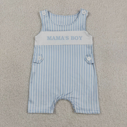 Baby Boys Sleeveless Light Blue Stripe Mama's Boy Short Rompers