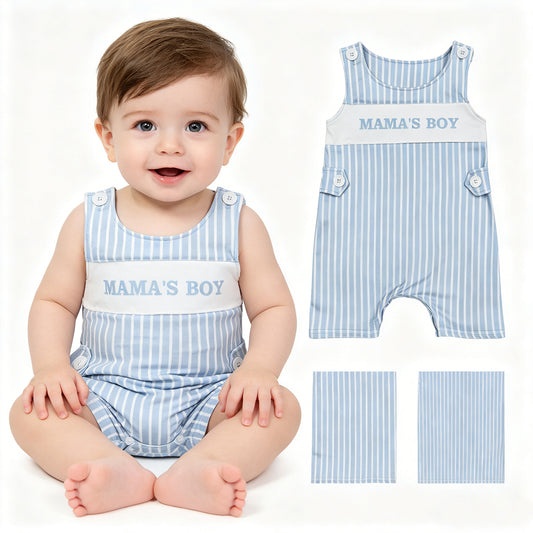 Baby Boys Sleeveless Light Blue Stripe Mama's Boy Short Rompers