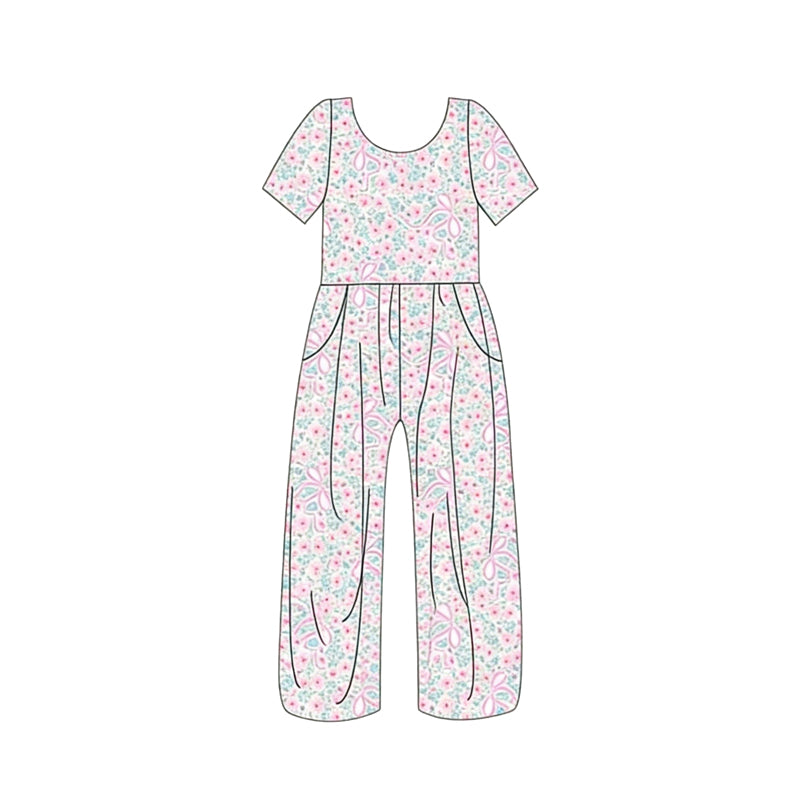 Baby Girls Short Sleeve Flowers Bows Pockets Jumpsuit Preorder