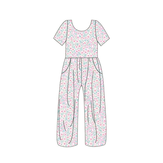Baby Girls Short Sleeve Flowers Bows Pockets Jumpsuit Preorder