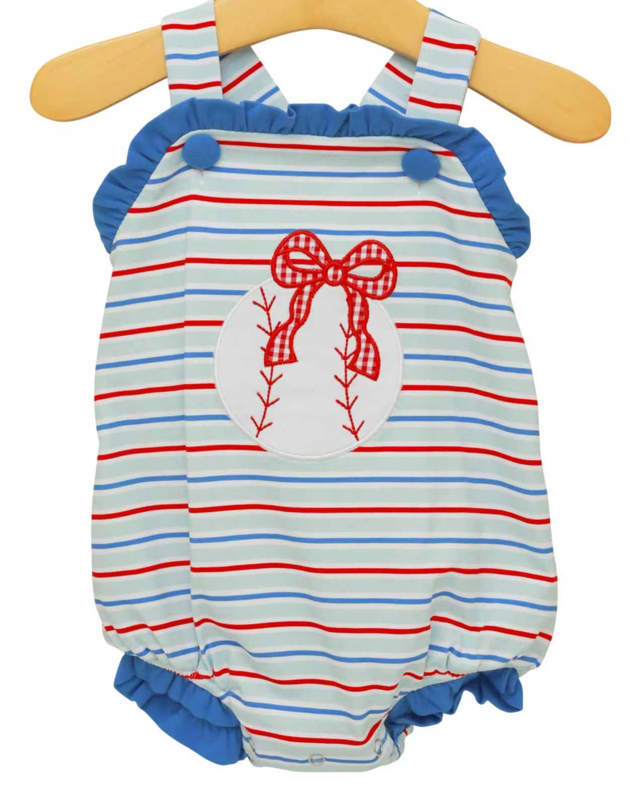 Baby Girls Strap Stripe Bow Baseballs Team Ruffle Rompers Preorder