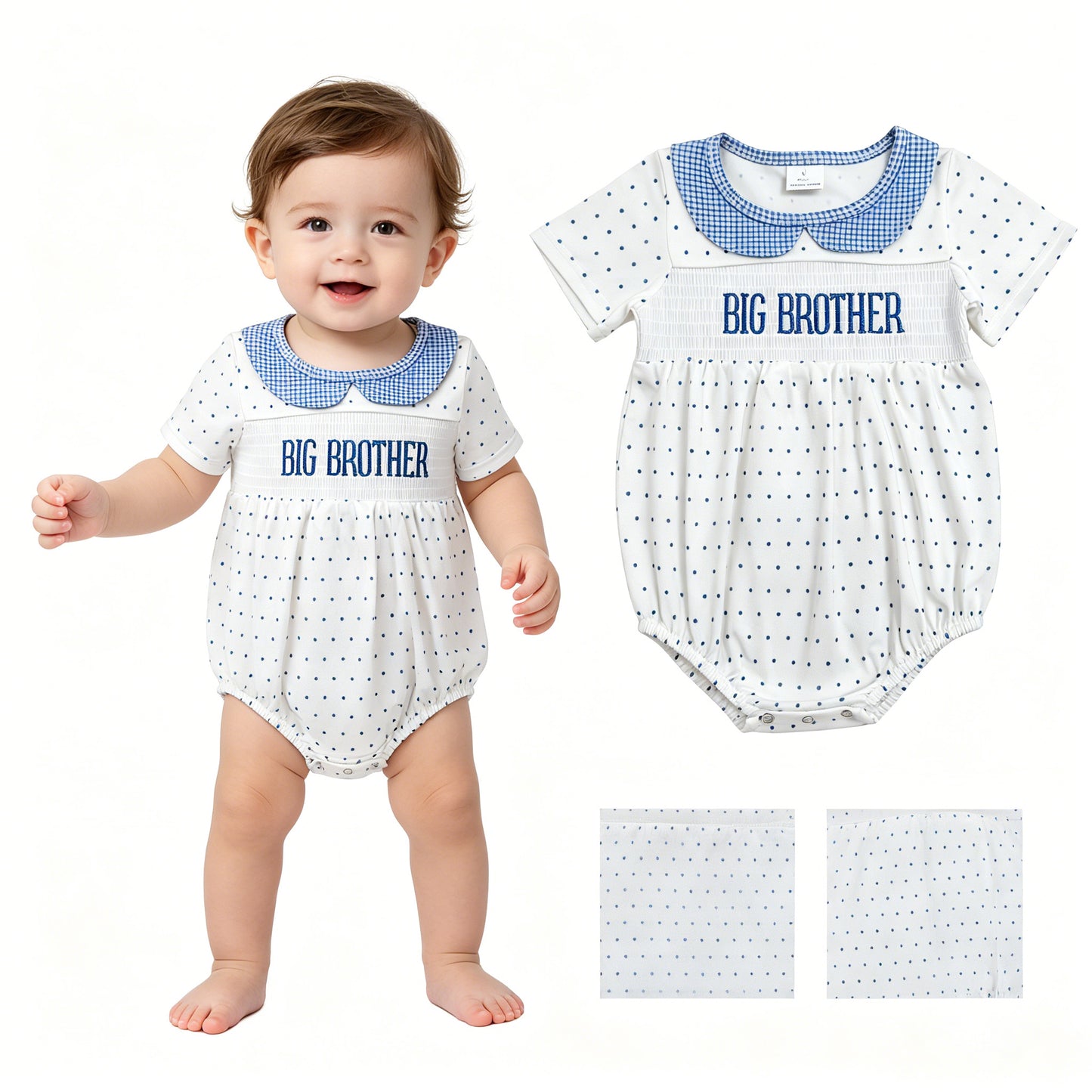 Smocked Big Brother Baby Boys Short Sleeve Polka Dots Rompers