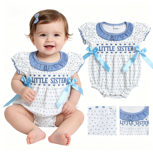 Smocked Little Sister Baby Girls Polka Dots Bows Ruffle Rompers