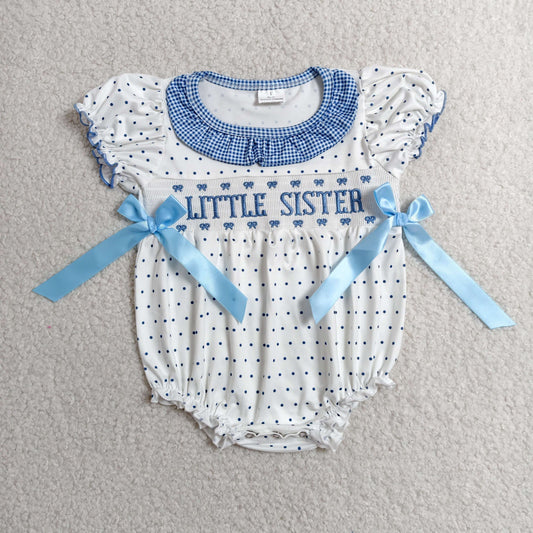 Smocked Little Sister Baby Girls Polka Dots Bows Ruffle Rompers