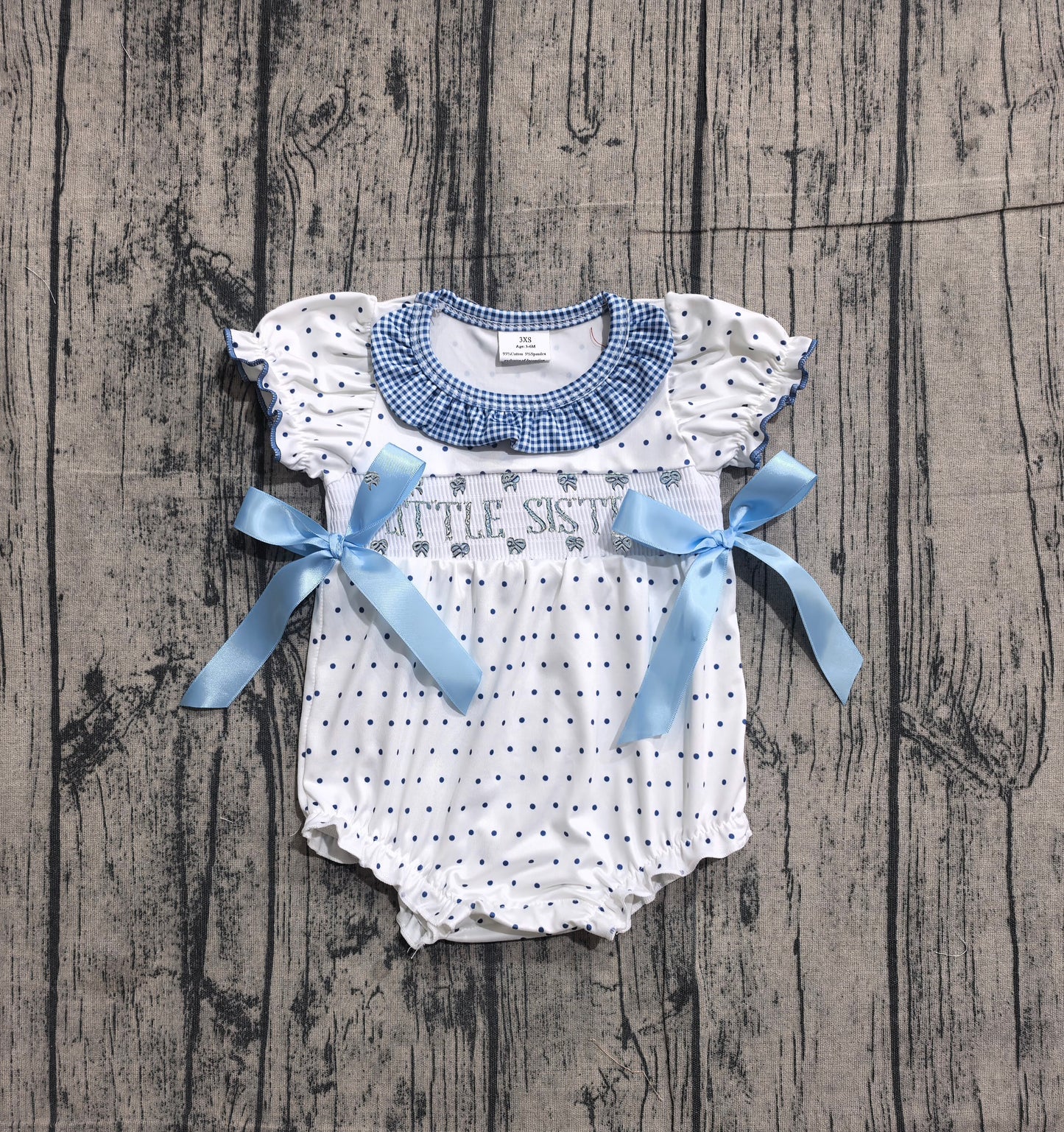 Smocked Little Sister Baby Girls Polka Dots Bows Collar Ruffle Rompers Preorder