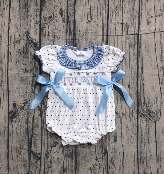 Smocked Little Sister Baby Girls Polka Dots Bows Collar Ruffle Rompers Preorder