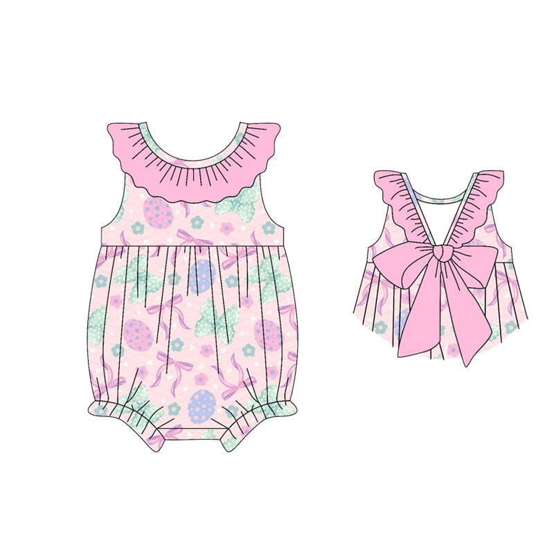 Baby Girls Sleeveless Back Bows Eggs Flowers Easter Ruffle Rompers Preorder