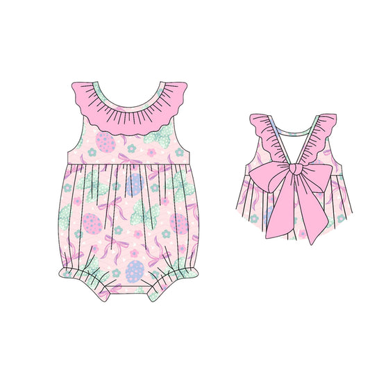 Baby Girls Sleeveless Back Bows Eggs Flowers Easter Ruffle Rompers Preorder
