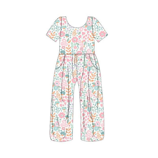Baby Girls Short Sleeve Pink Flowers Pockets Jumpsuits Preorder