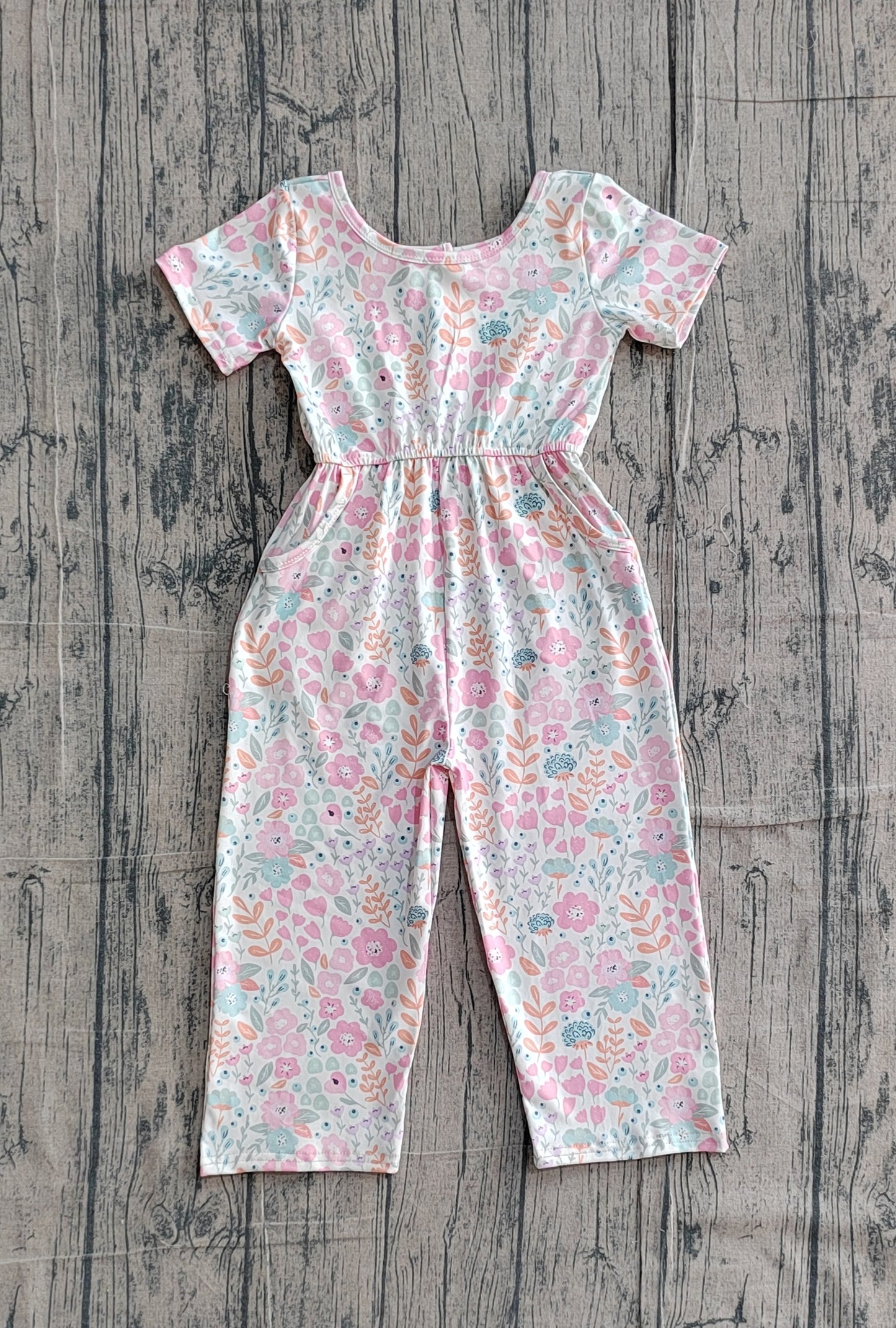 Baby Girls Short Sleeve Pink Flowers Pockets Jumpsuits Preorder