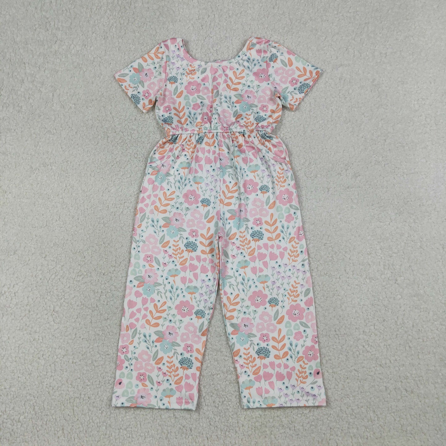 Baby Girls Short Sleeve Pink Flowers Pockets Pant Jumpsuits